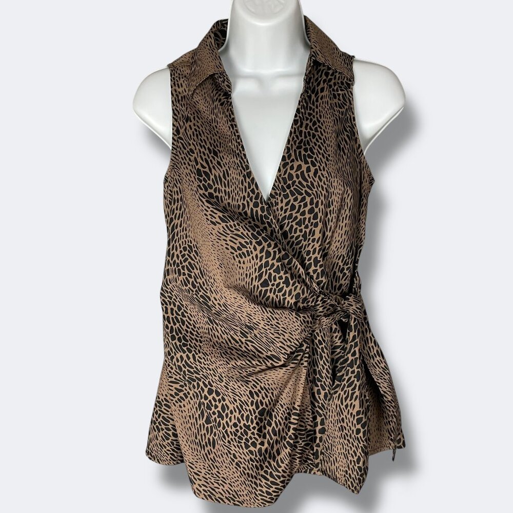 Guess Wrap Top Animal Print‎ Women Small Brown Black Leopard Sleeveless Blouse
